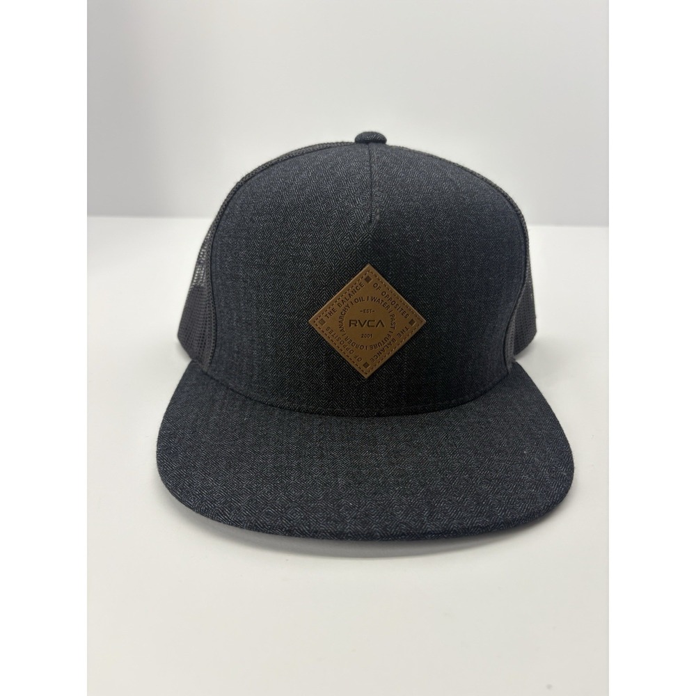 RVCA Men's Finley Snapback Trucker Hat Black Brown Leather Mid Fit